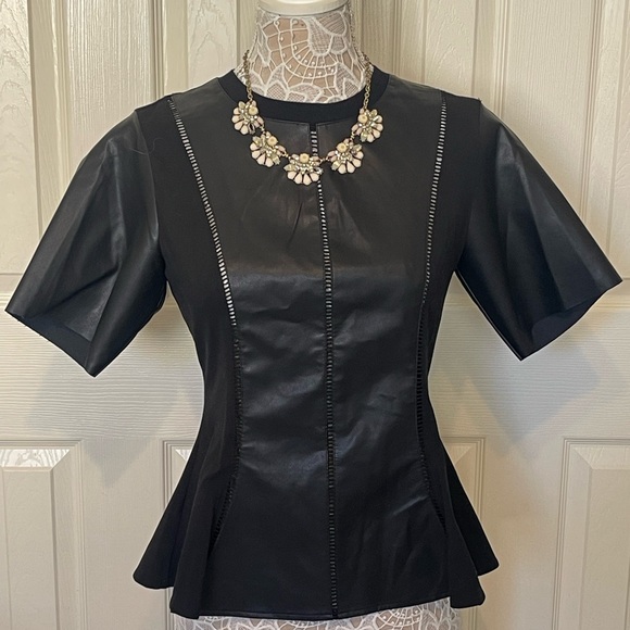 Gracia Tops - Gracia Faux Leather Back Zip Shirt Balloon Puff Sleeves Flair Waist